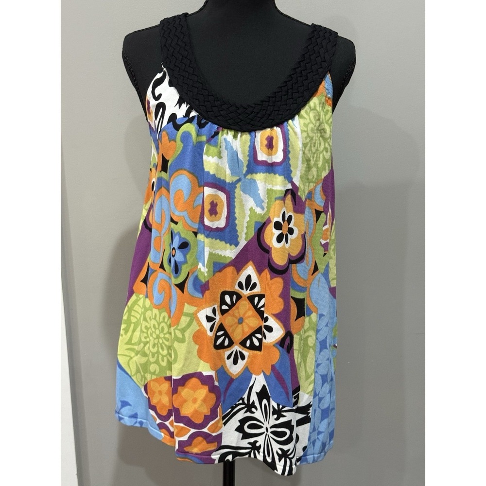Sleeveless Tank Colorful Floral‎ Print  Braided Neck Retro 70's Boho Maximalist